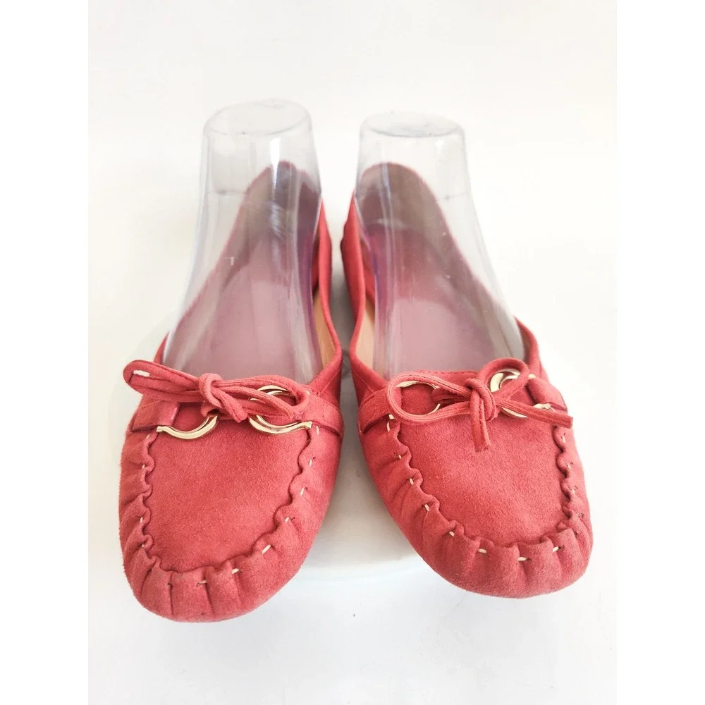 Kate Spade Flats Loafers 8 Moccasin Red Suede Bow Gold Horsebit Driving Shoes